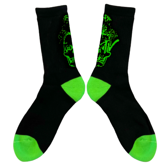 Black socks with green accents on a white background