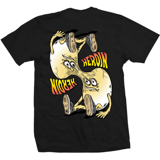 Black t-shirt with a graphic design of a cartoon character and text on the back