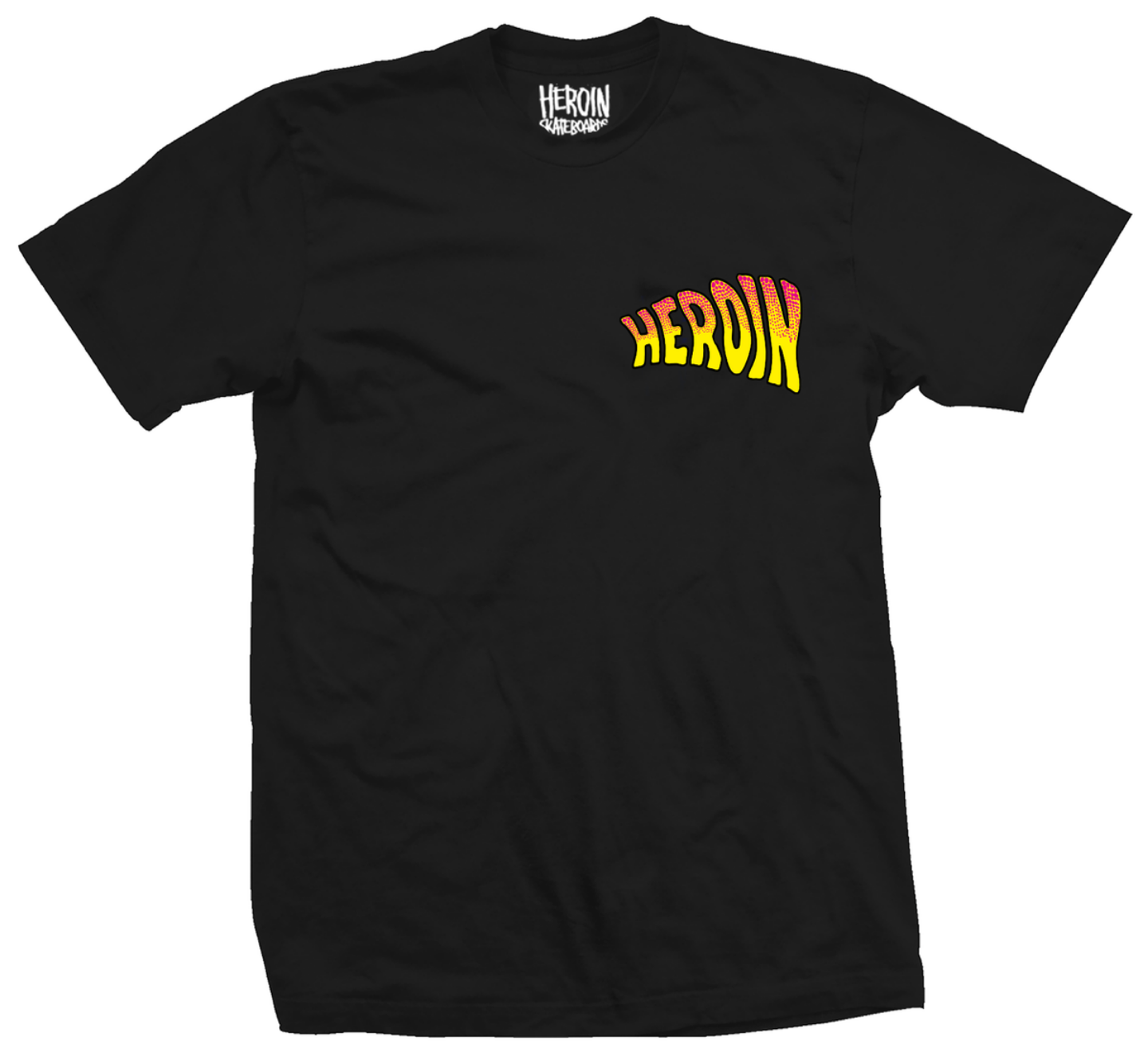 Black t-shirt with 'HERON' logo in yellow and red on a white background