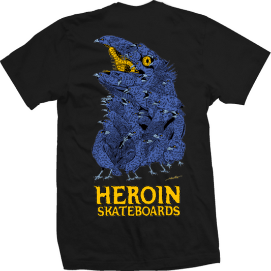 Black t-shirt with a blue and yellow graphic design and 'Heroin Skateboards' text on a white background