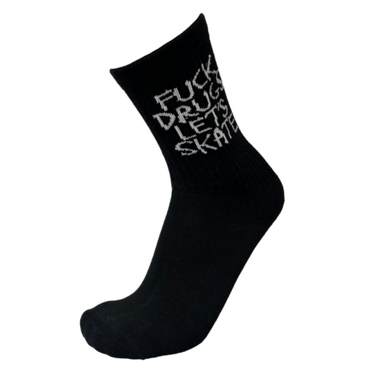 Black sock with white text on a white background