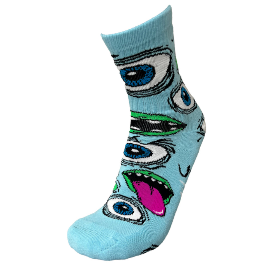 Light blue sock with eye pattern on a white background