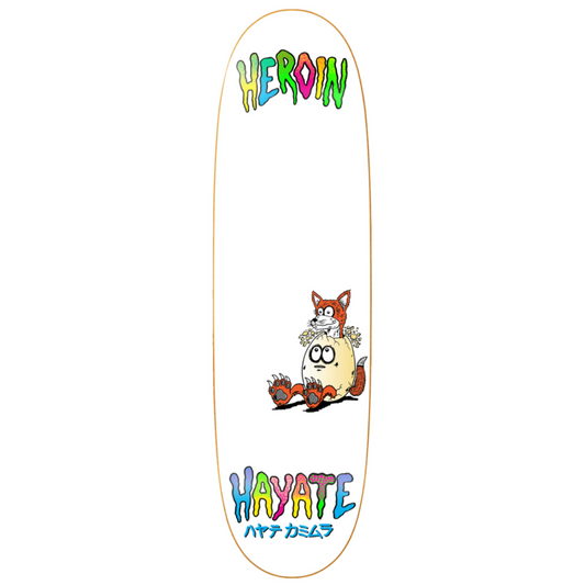 Skateboard deck with a cartoon character and colorful text on a white background