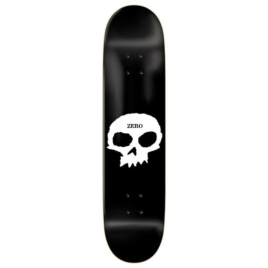 Single skateboard deck with a white skull and text reading "zero"