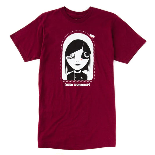 Maroon shirt with front black and white egirl  and Alien Workshop written underneath