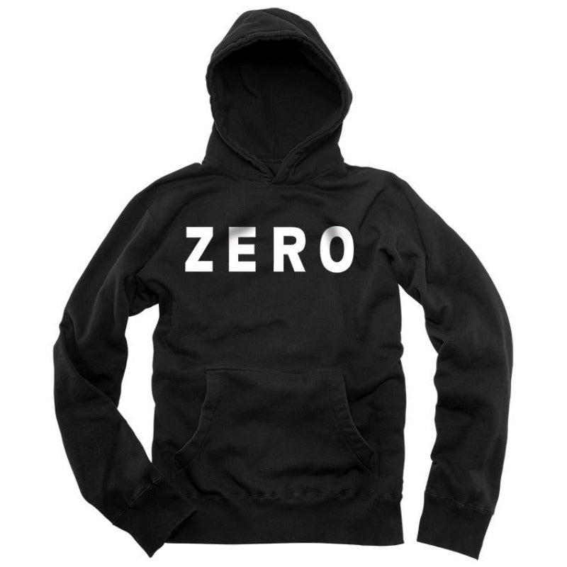 Black pull-over hoodie with text reading "zero"