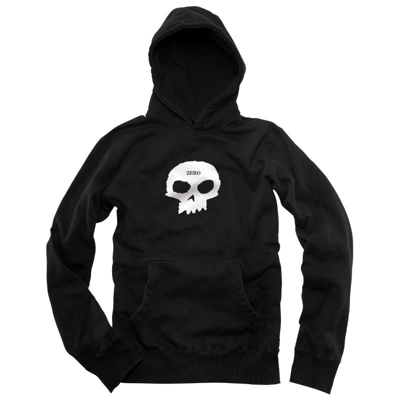 Black sweater with white skull and text reading "zero"